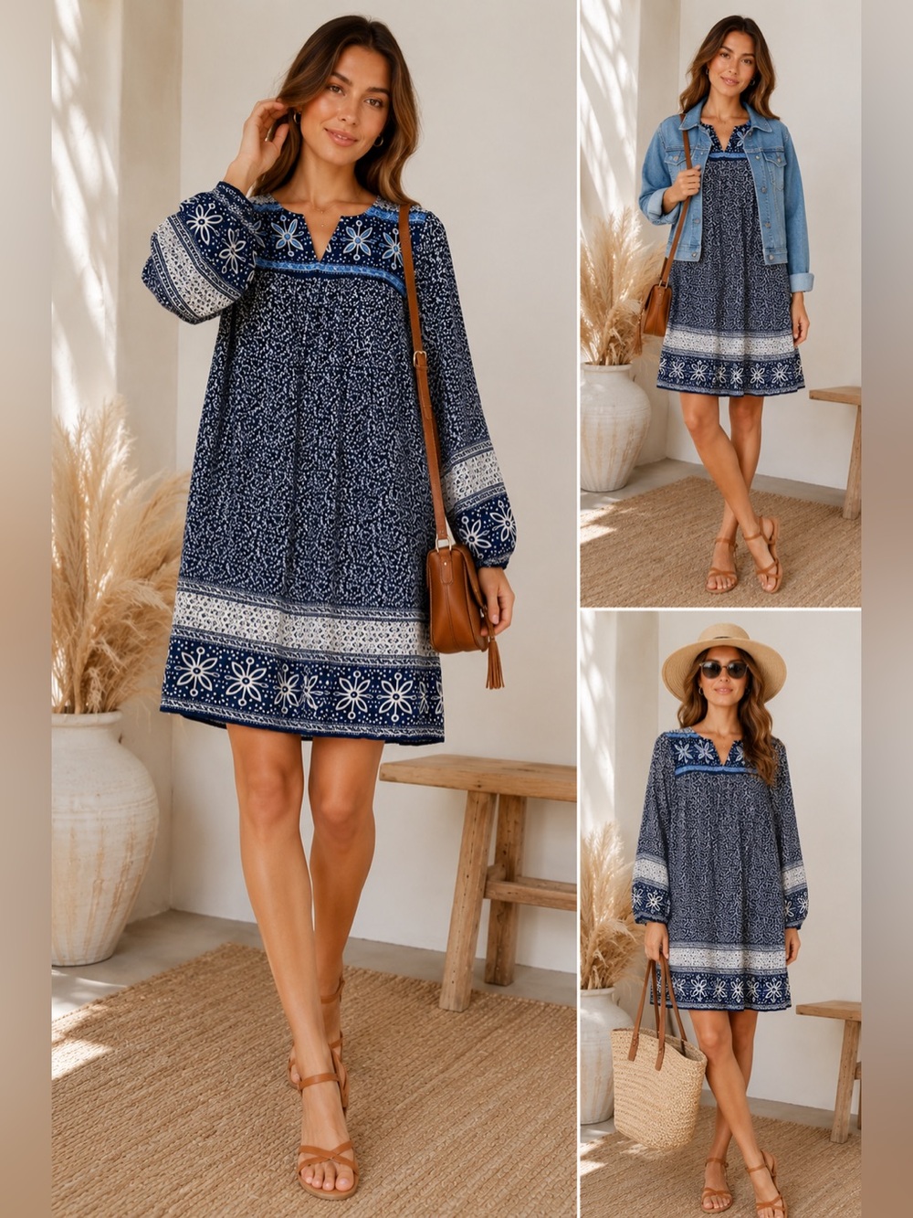 AKA New York Navy Floral Border Smocked Yoke Mini Dress